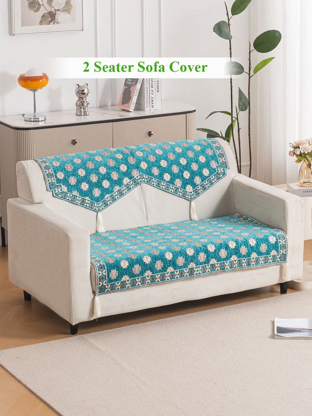 HOKIPO Emerald Teal Floral Premium Jacquard 2 Seater Sofa Cover for Seat and Back-image-3