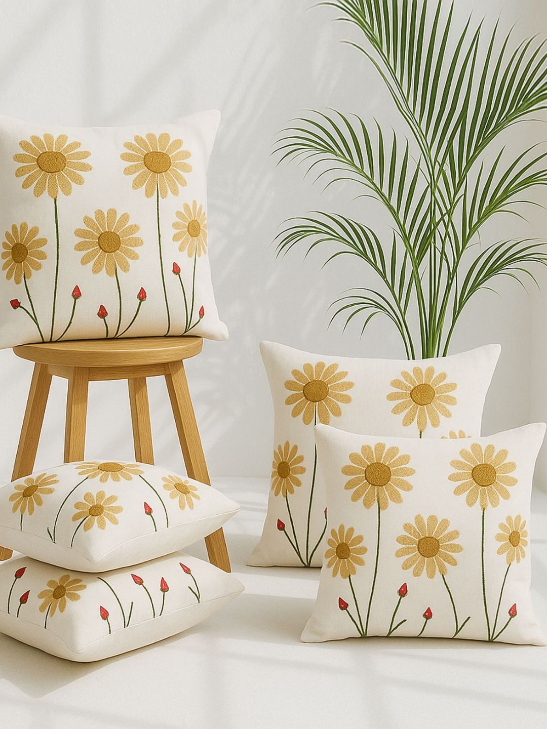 MFD HOME FURNISHING Cream-Coloured Set of 5 Floral Square Cushion Covers-picture-19