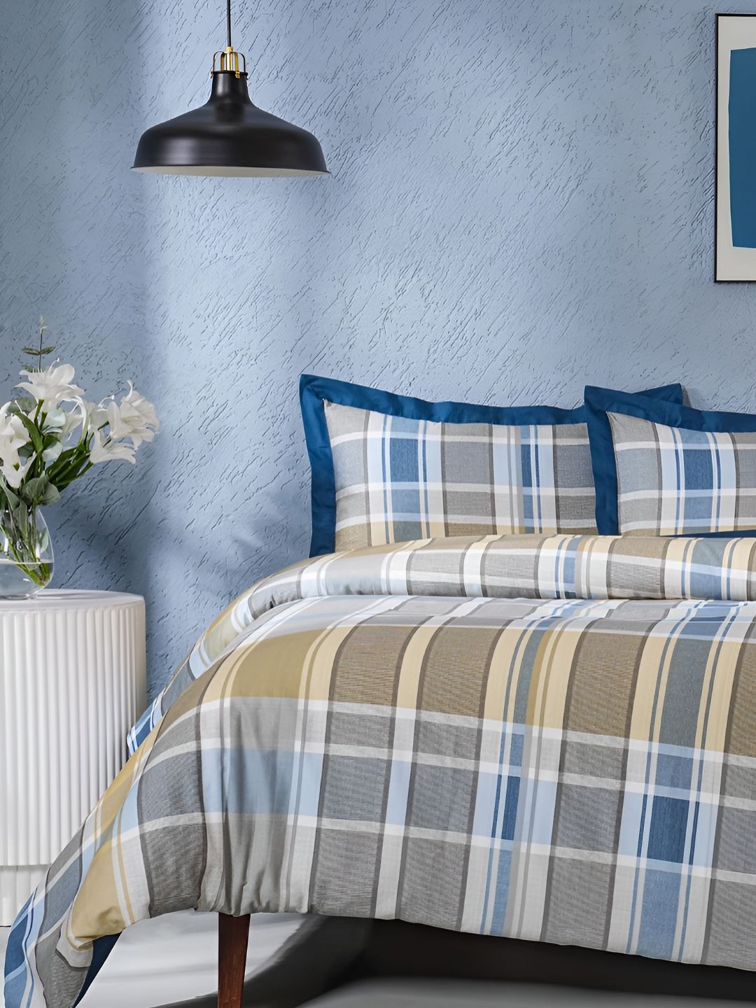 MASPAR Blue & Beige Checked 200 TC Pure Cotton Double Bed Duvet Cover With 2 Pillow Covers-picture-24