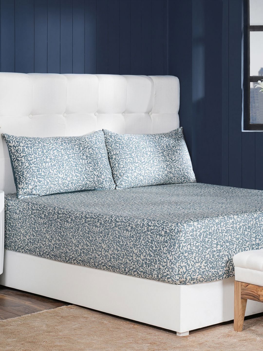 MASPAR White & Blue Floral Printed 400 TC Pure Cotton King Size Bedsheet Set-picture-30