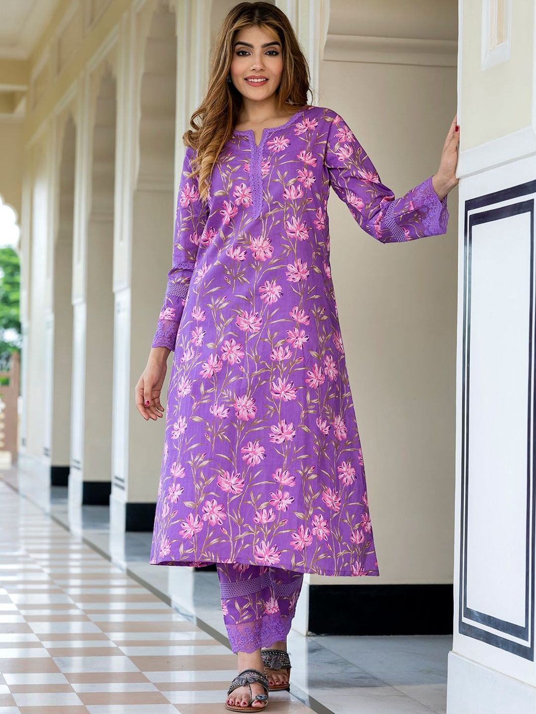 KALINI Pure Cotton Purple Floral print A-line Kurta with Trousers Set-picture-15