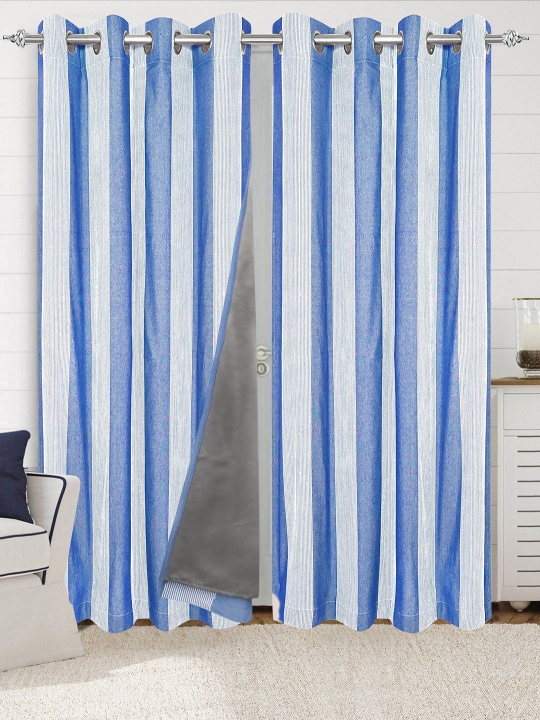Saral Home Blue & White 2 Pieces Striped Cotton Black Out Non-Fading Door Curtains-picture-15