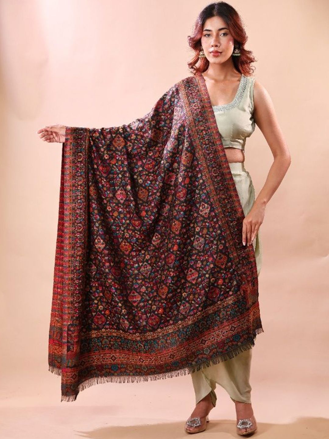 THE SHAWL STUDIO Ethnic Motifs Woven Design Angel Border Kani Woollen Shawl-picture-32