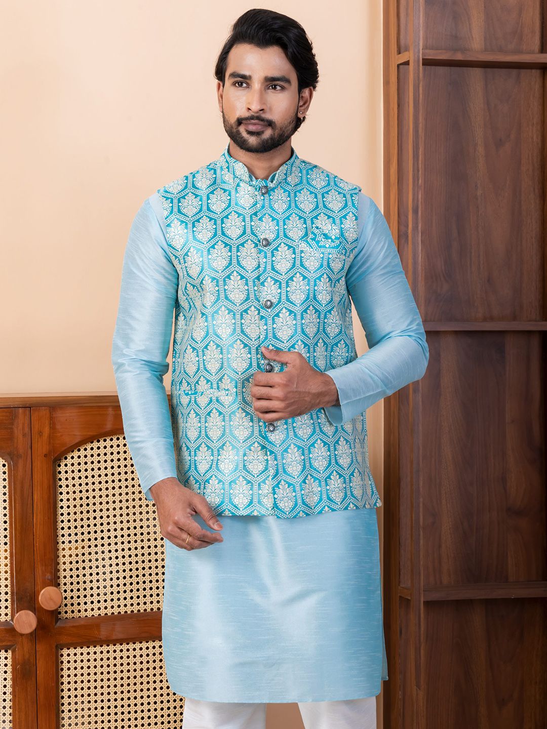 DEVOILER Printed Tailored-Fit Nehru Jackets-picture-43