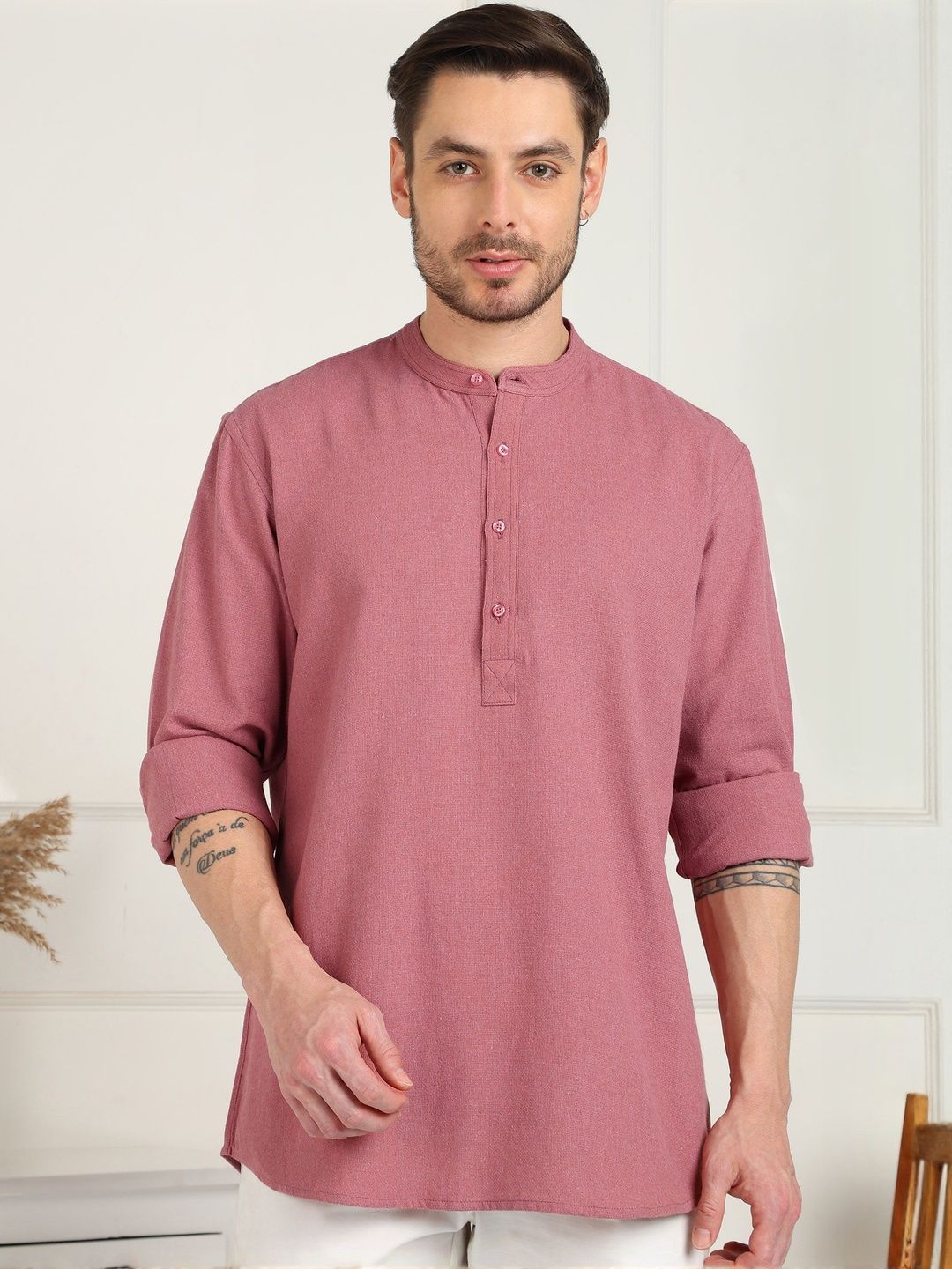 here&now Men's Dusty Rose Solid Pure Cotton Mandarin Collar With Short Kurta Shirt-picture-11