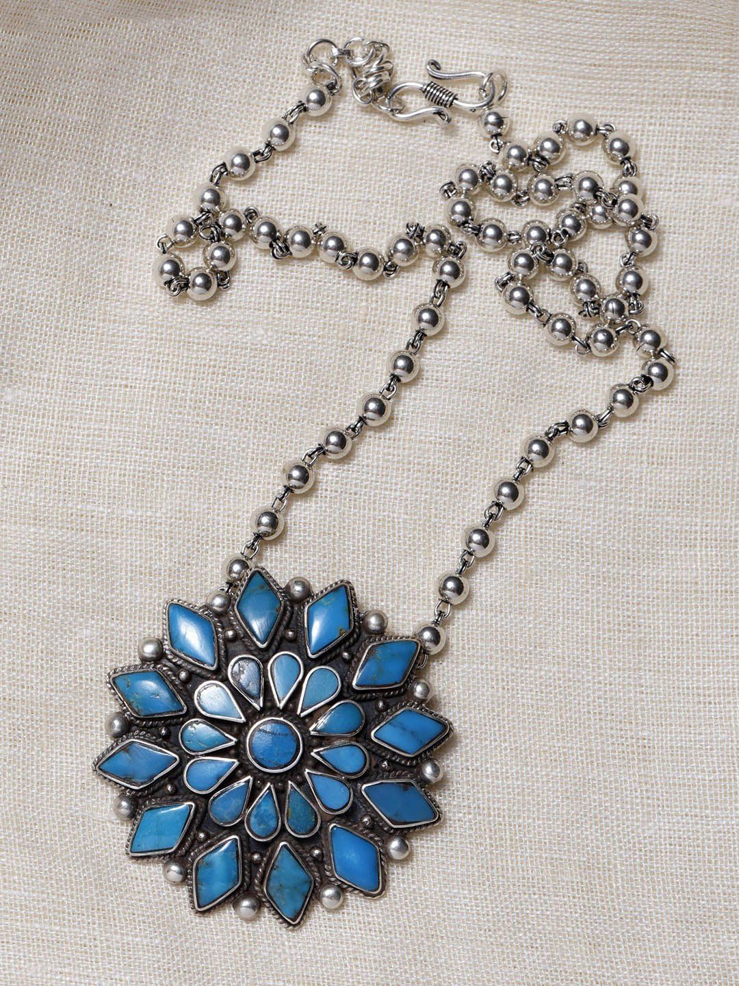 Exotic India Women Sterling Silver Persian Turquoise Stone Pendant-image-5