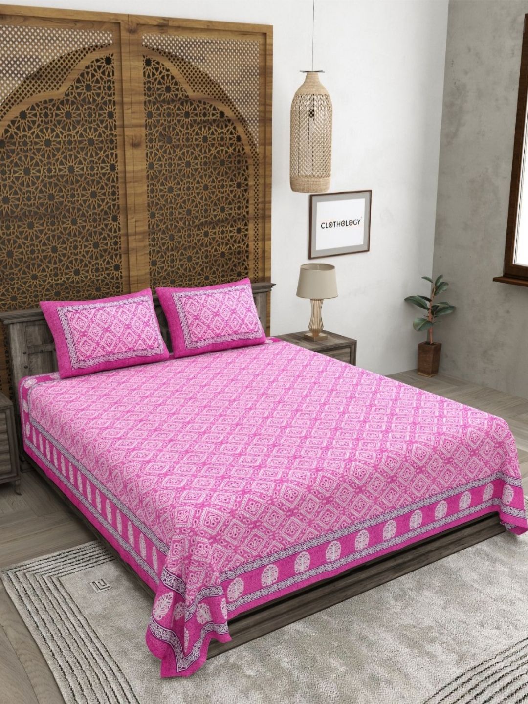 CLOTHOLOGY Pink & White Floral 180 TC King Bedsheet with 2 Pillow Covers-picture-44