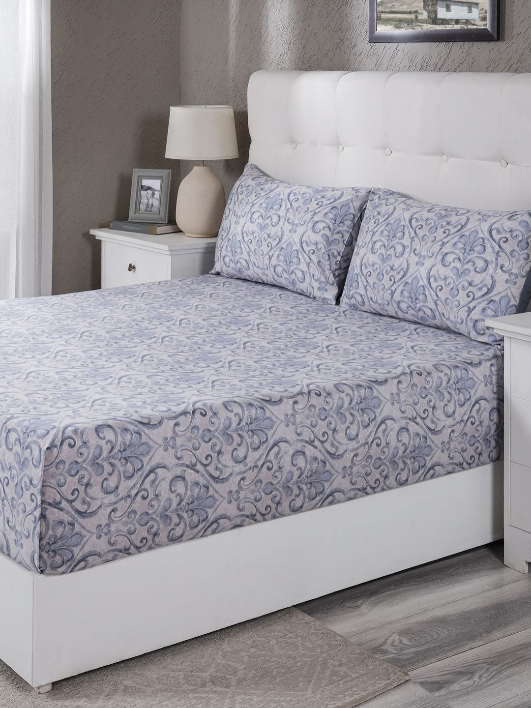 MASPAR Blue & White Printed Pure Cotton 400 TC King Size Bedsheet Set 2.75 m x 2.75 m-picture-18