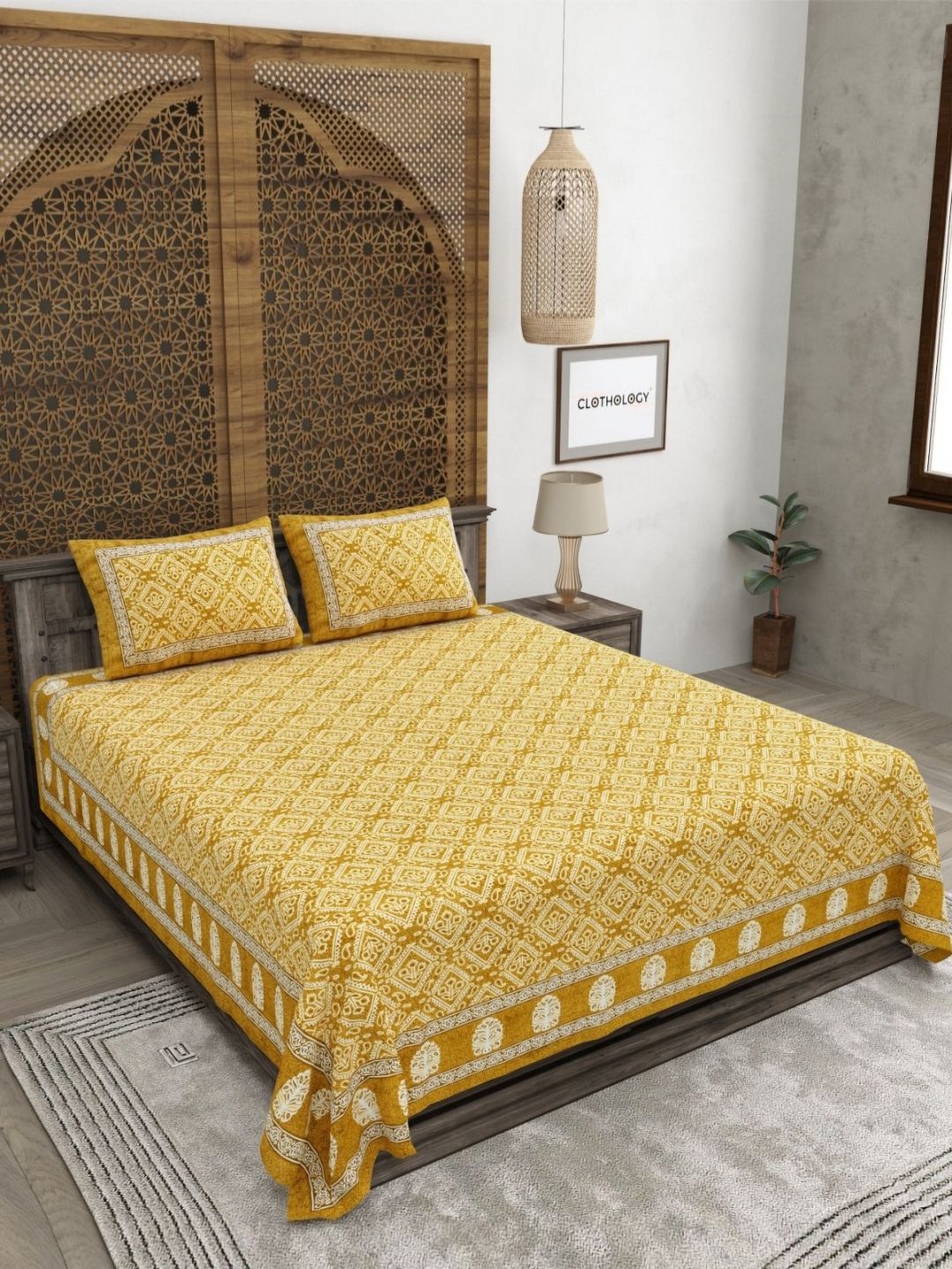 CLOTHOLOGY Yellow & White Floral 180 TC King Bedsheet with 2 Pillow Covers-picture-36
