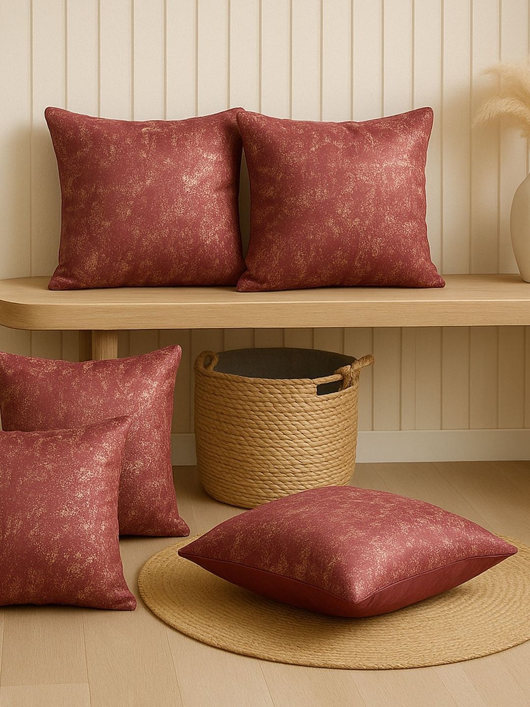 MFD HOME FURNISHING Rose Gold 5 Pieces Jacquard Square Cushion Covers-image-43