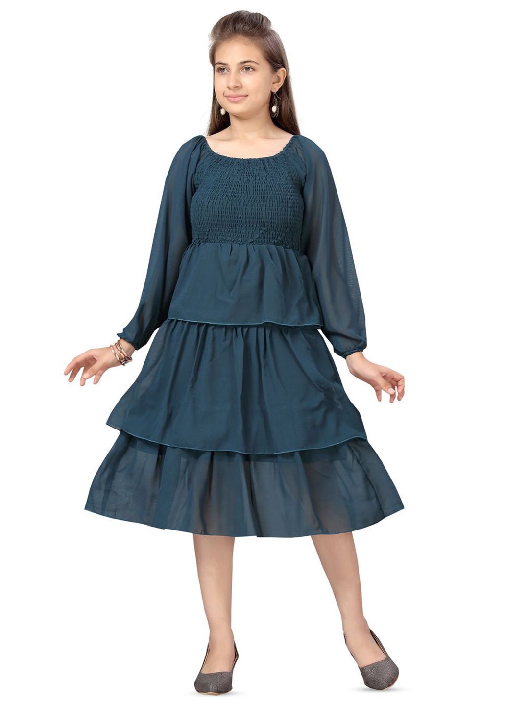 BAESD Girls Georgette Solid Layered Smocked Fit and Flare Midi Dress-picture-27