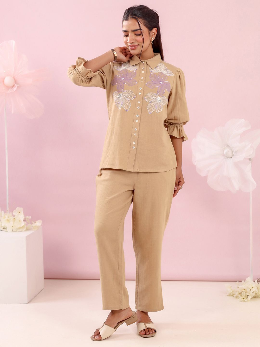 ZUMMER Floral Embroidered Shirt Collar Pure Cotton Shirt With Trousers-picture-38