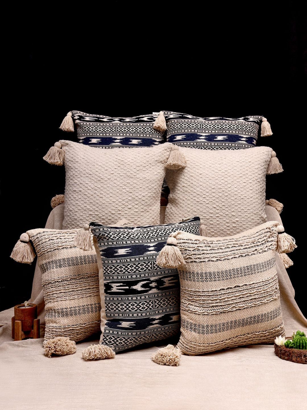 ANWYN Black & Cream 7 Pcs Self Design Textured Jacquard Square Tasselled Cushion Covers-picture-15