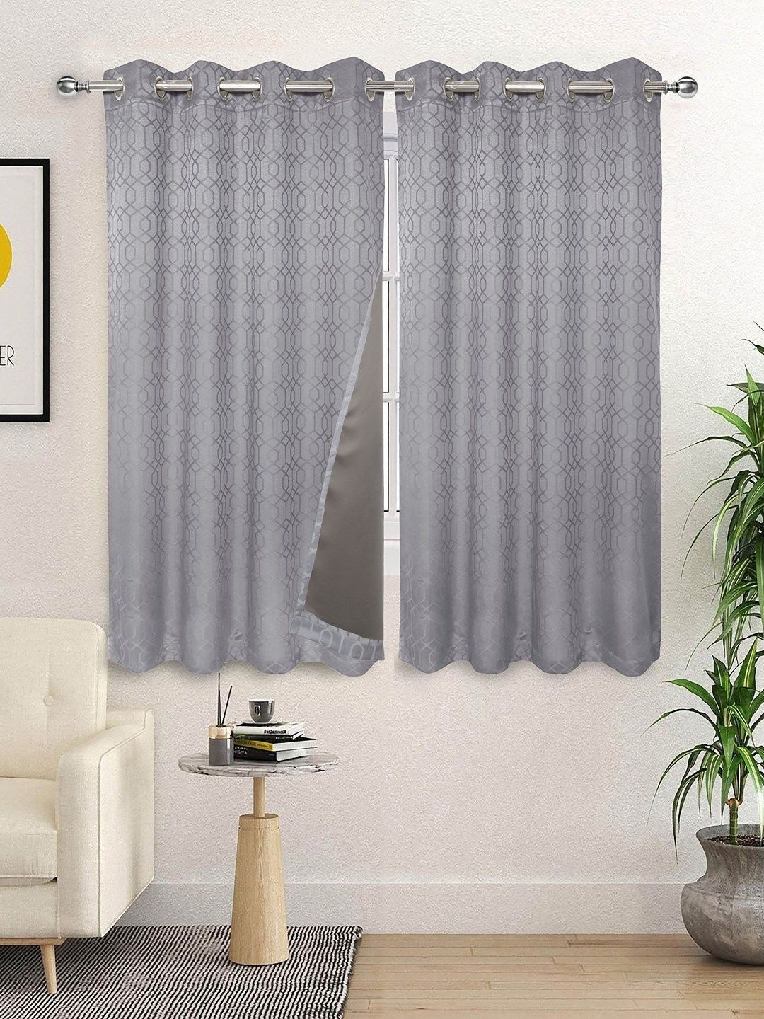 Saral Home Grey Set Of 2 Geometric Printed Non Fading Cotton Black Out Window Curtains-picture-27