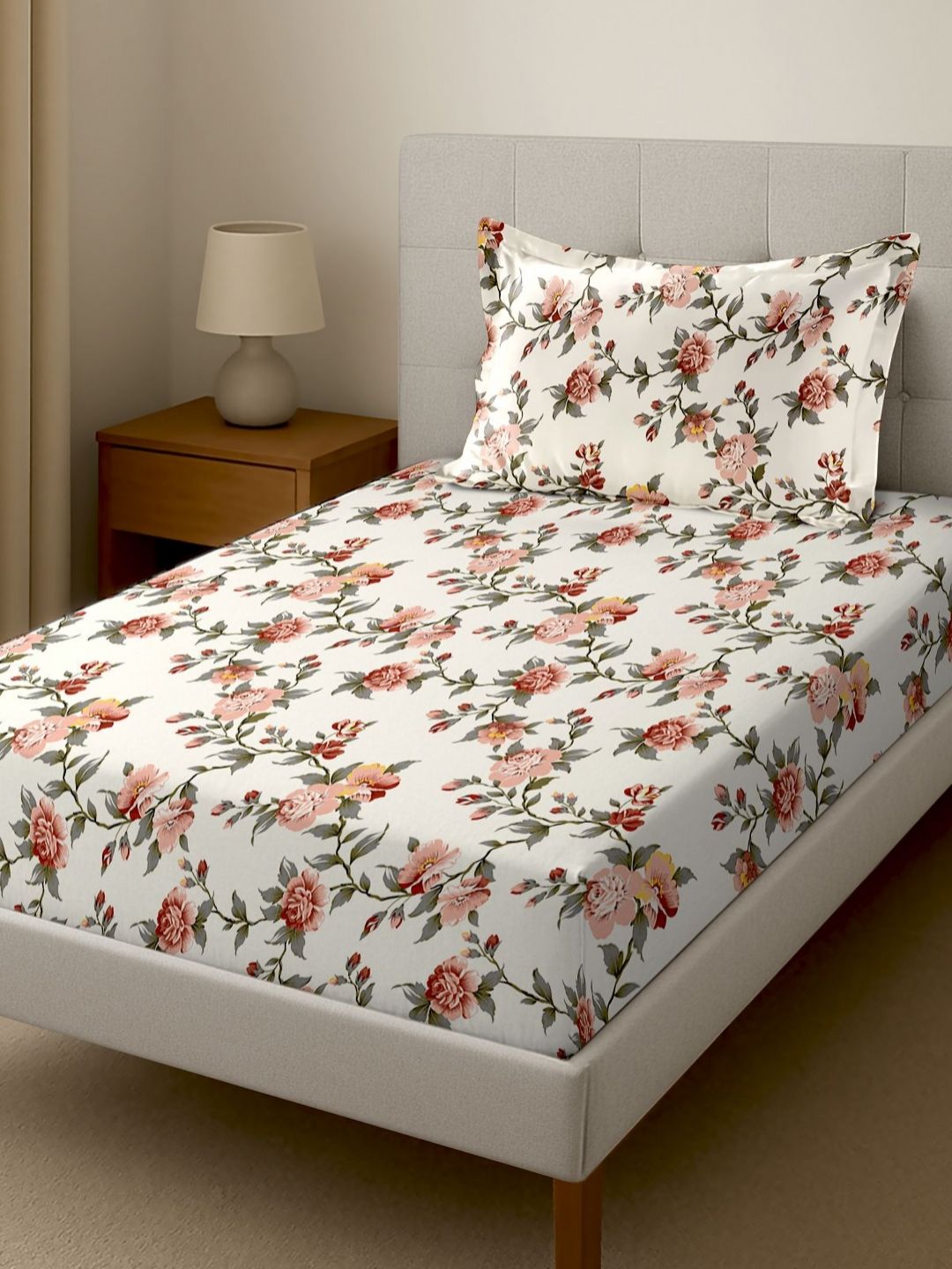 Florida Cream-Coloured & Brown Floral 160 TC Single Bedsheet with 1 Pillow Covers-image-36
