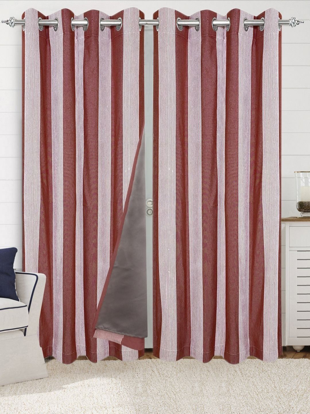 Saral Home Maroon & White Set Of 2 Striped Cotton Black Out Door Curtains-picture-32
