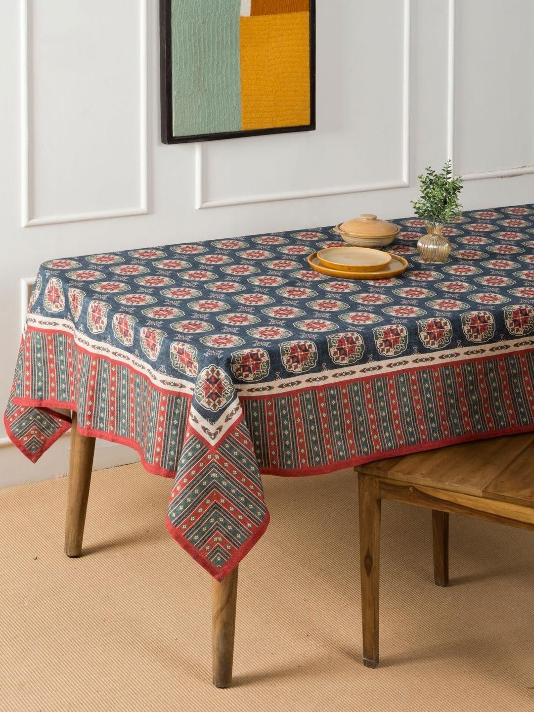 Fabindia Blue & Red Ethnic Motifs Cotton 6-Seater Table Cover-picture-24
