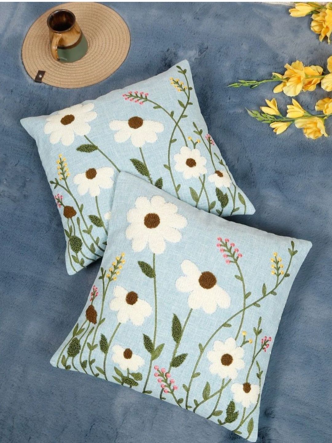 monkdecor Boho Garden Embroidered, Firozi Cushion Cover 2 Pieces-picture-26