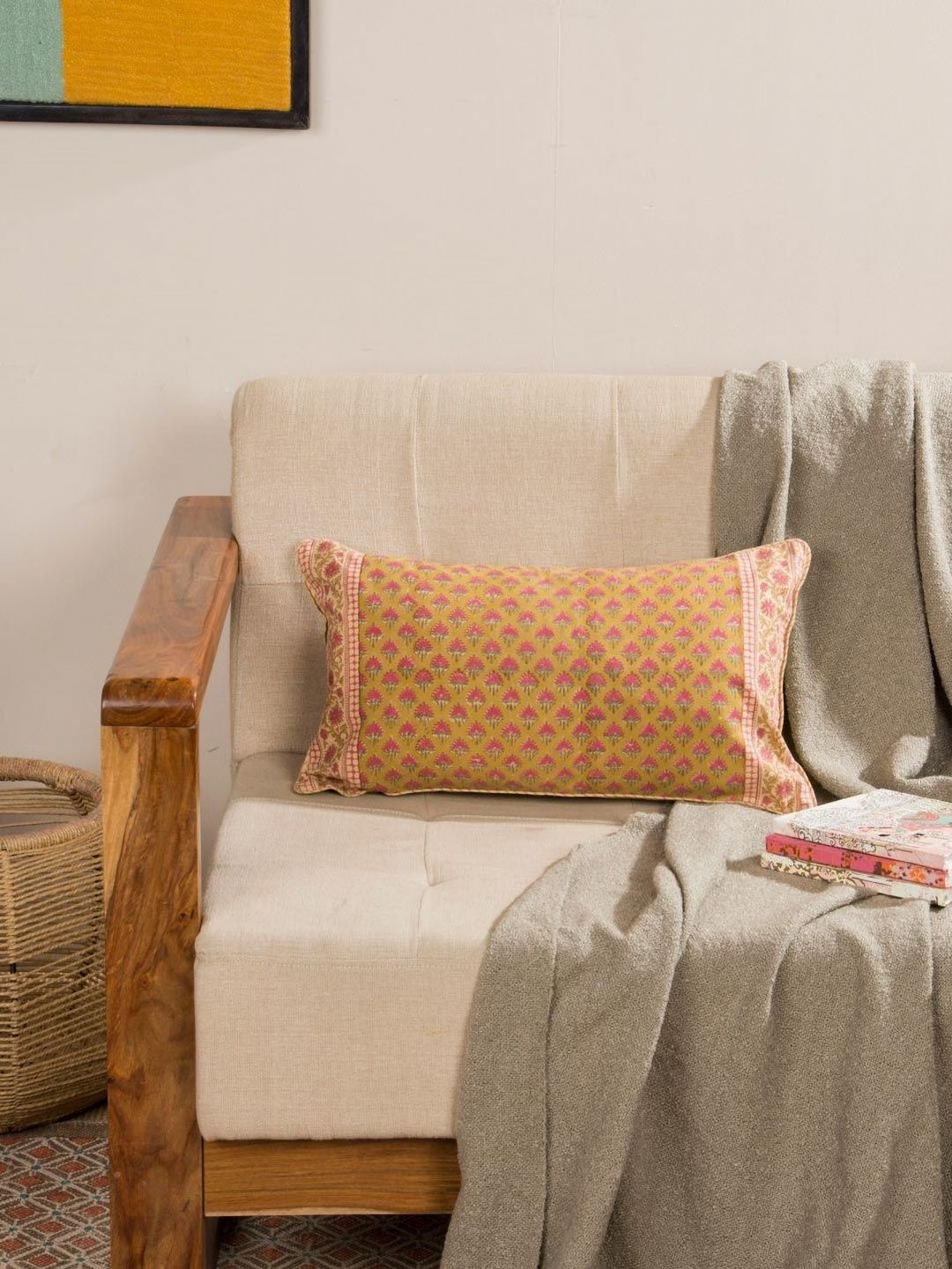 Fabindia Anar Yellow & Pink Ethnic Motifs Printed Cotton Rectangle Cushion Cover-picture-25