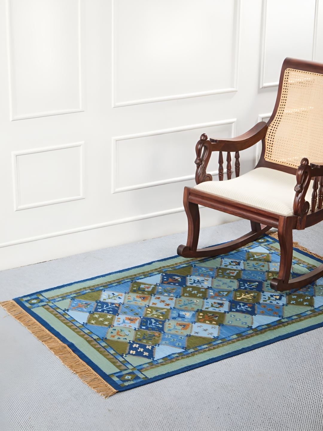 Fabindia Kabir Blue & Green Printed Woolen Cotton Dhurrie-image-41