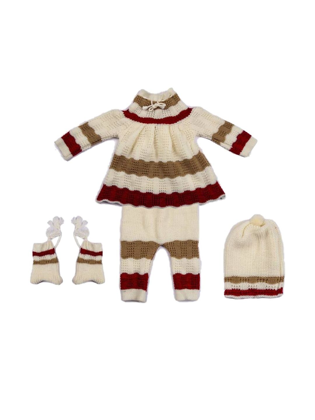 Anixa Kids Girls Striped Woollen Sweater With Cap & Gloves-picture-48