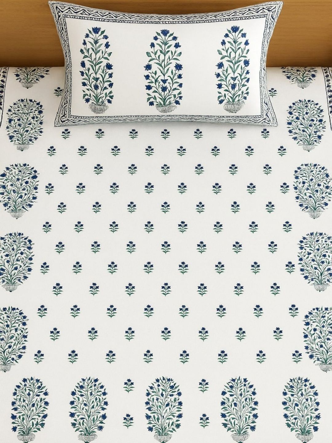 Rajasthan Decor White & Blue Ethnic Motifs 144 TC Single Bedsheet with 2 Pillow Covers-picture-15