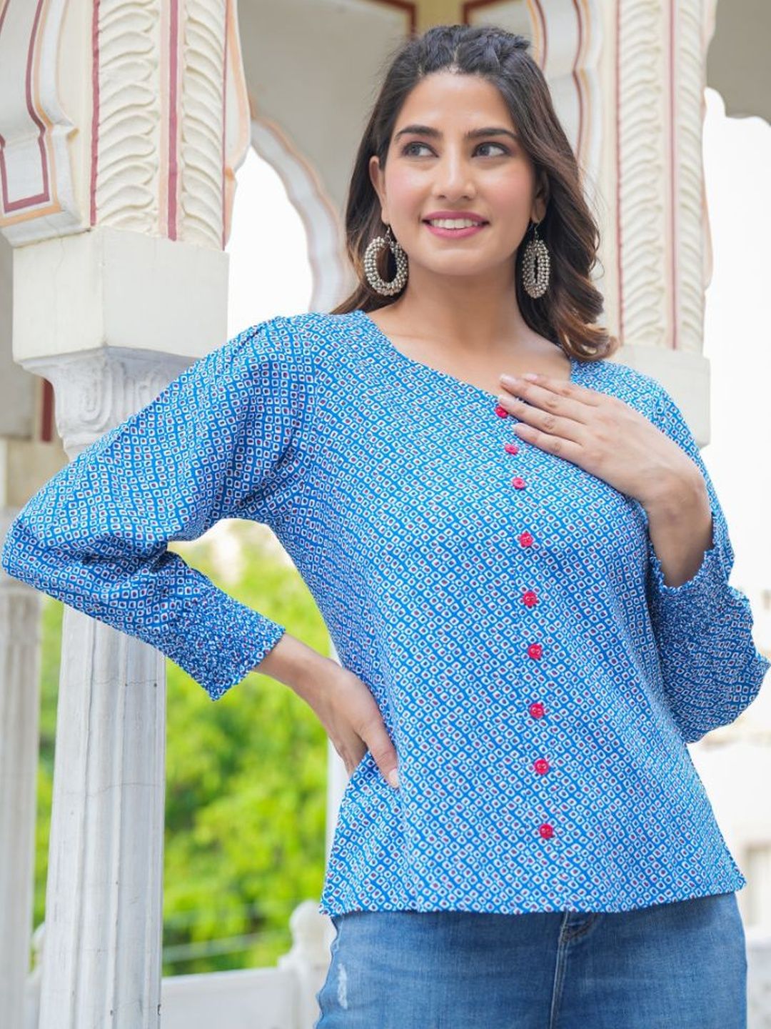 KALINI Geometric Print Puff Sleeve Regular Top-picture-10