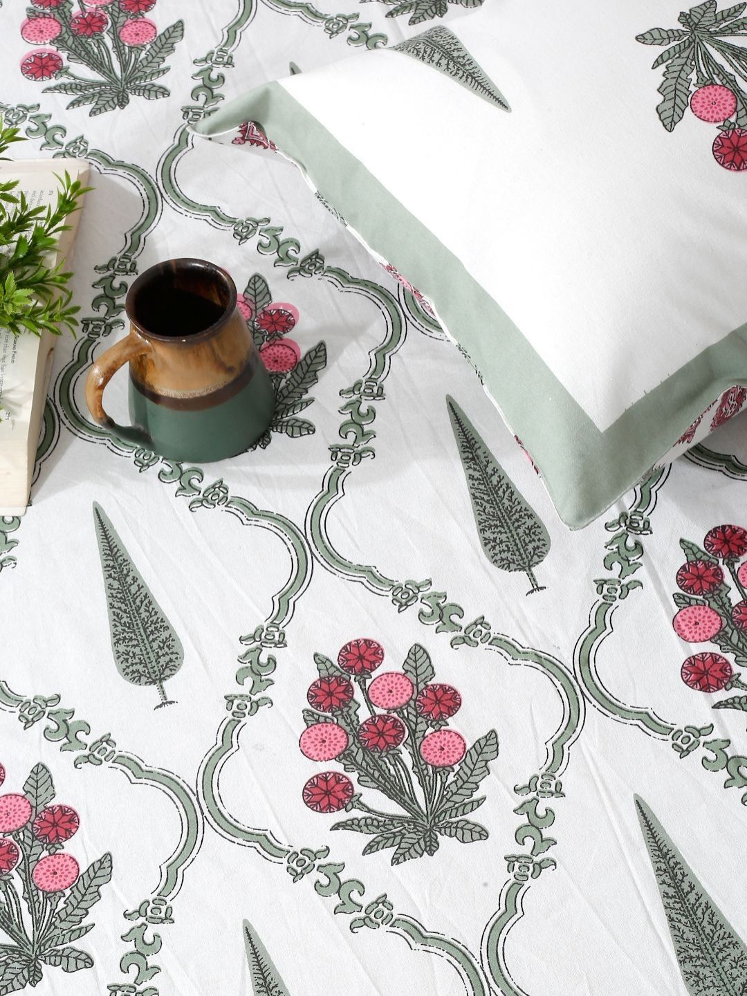 Rajasthan Decor White & Green Ethnic Motifs 210 TC Super King Bedsheet Set-2.50 m x 2.70 m-picture-25