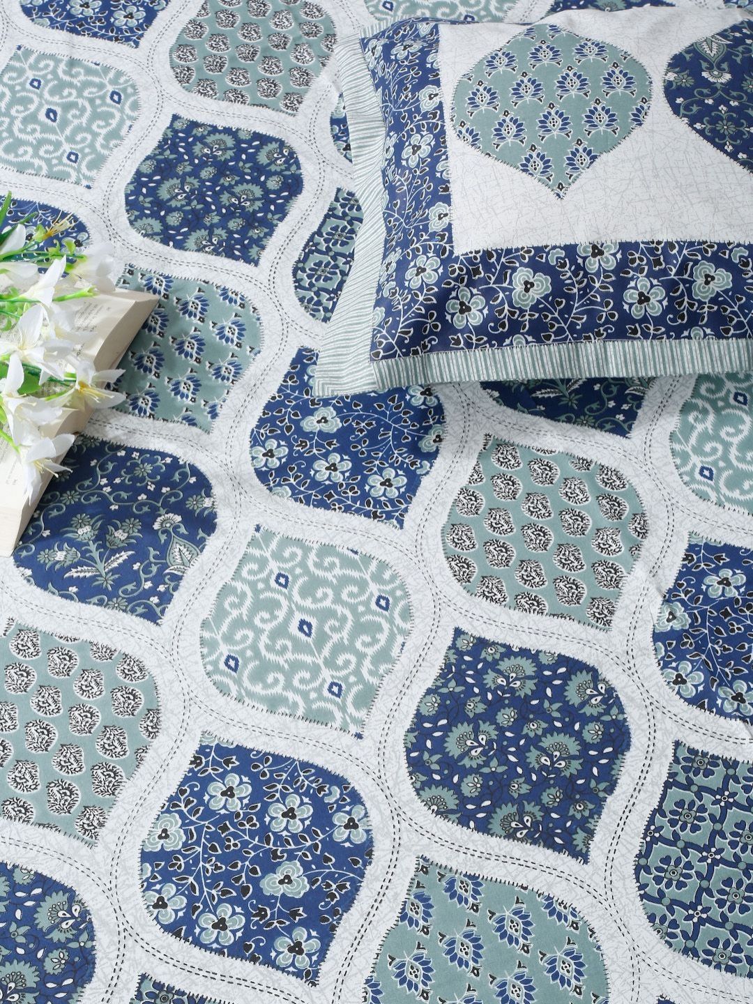 Rajasthan Decor Blue Floral 210 TC Cotton Super King Bedsheet Set 2.50 m x 2.70 m-picture-32