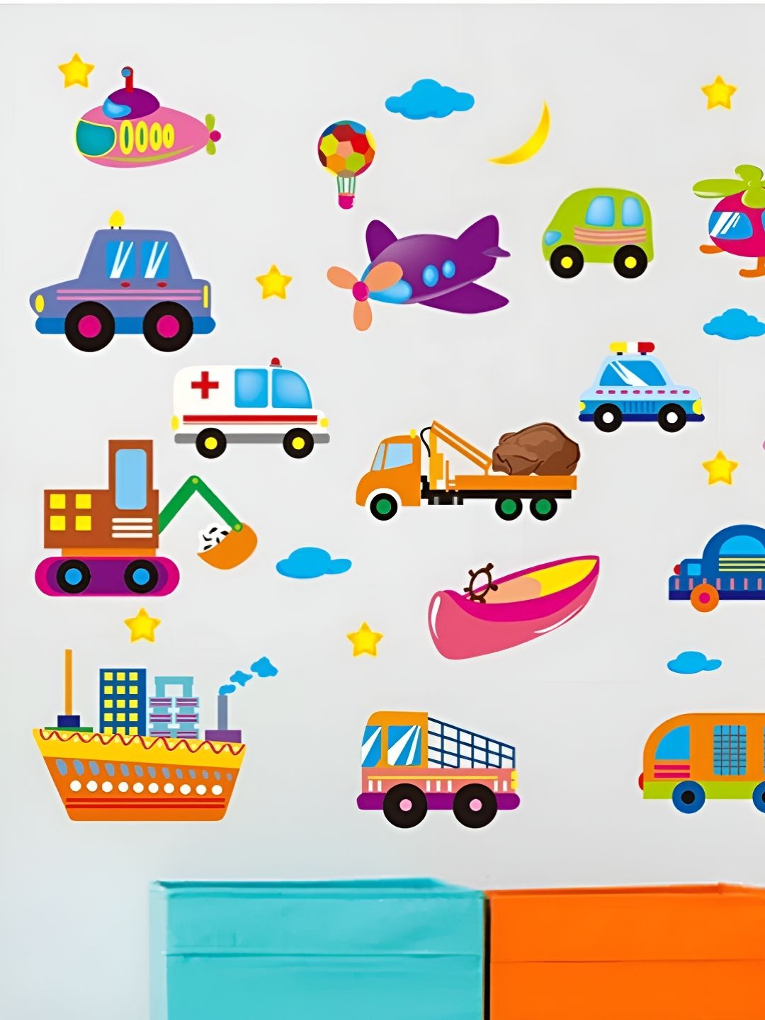 Jaamso Royals Blue & Green Vehicles Printed Self Adhesive Waterproof Wall Stickers-picture-16