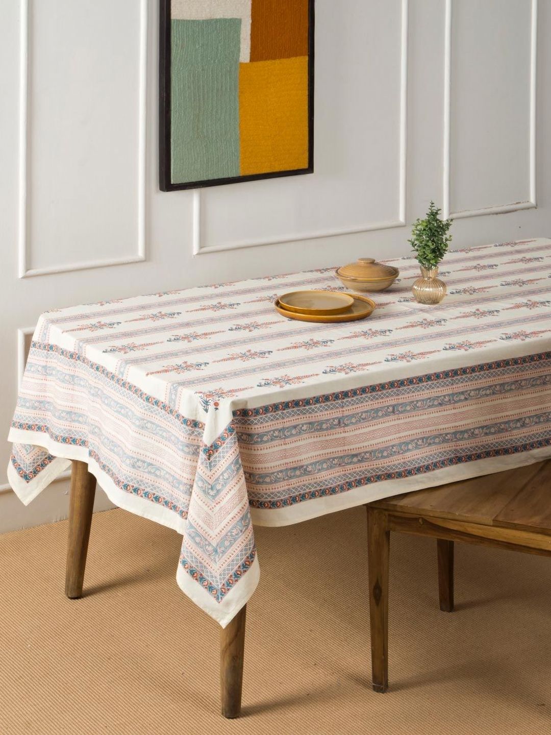 Fabindia Cream-Coloured & Blue Ethnic Motifs Cotton 4-Seater Table Cover-picture-54