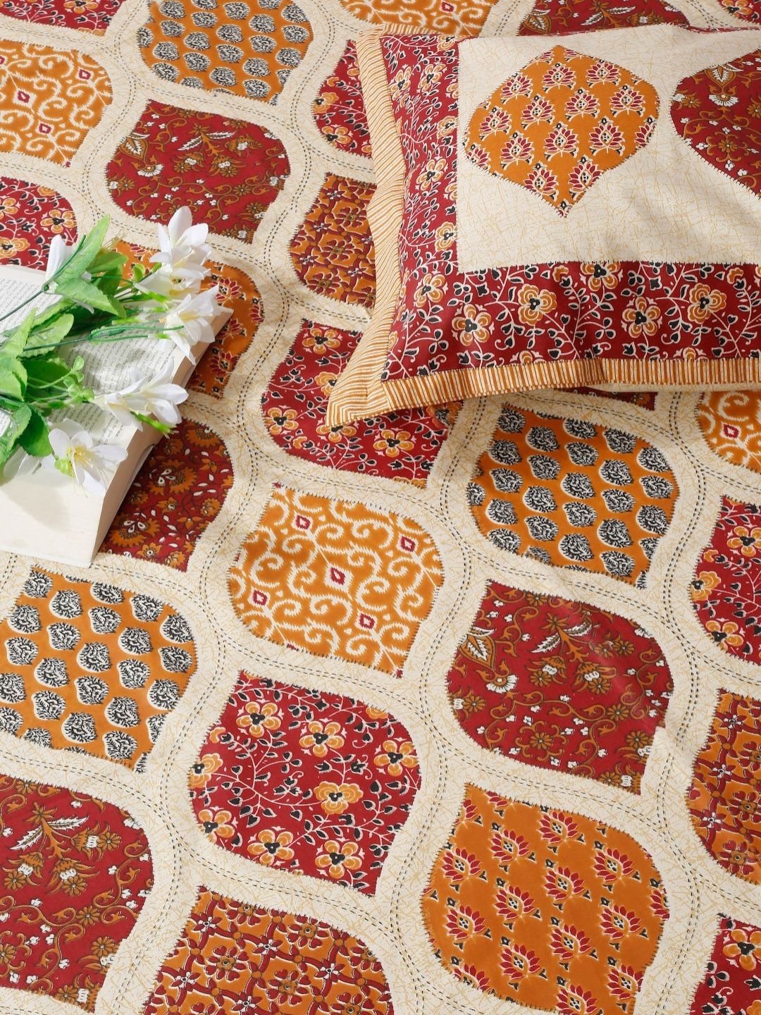 Rajasthan Decor Orange & White 210 TC Cotton Super King Bedsheet Set 2.50 m x 2.70 m-image-3