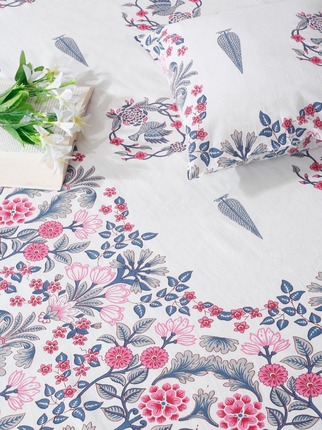 Rajasthan Decor White & Pink Floral Cotton 210 TC Super King Bedsheet Set-2.50 m x 2.70 m-image-48