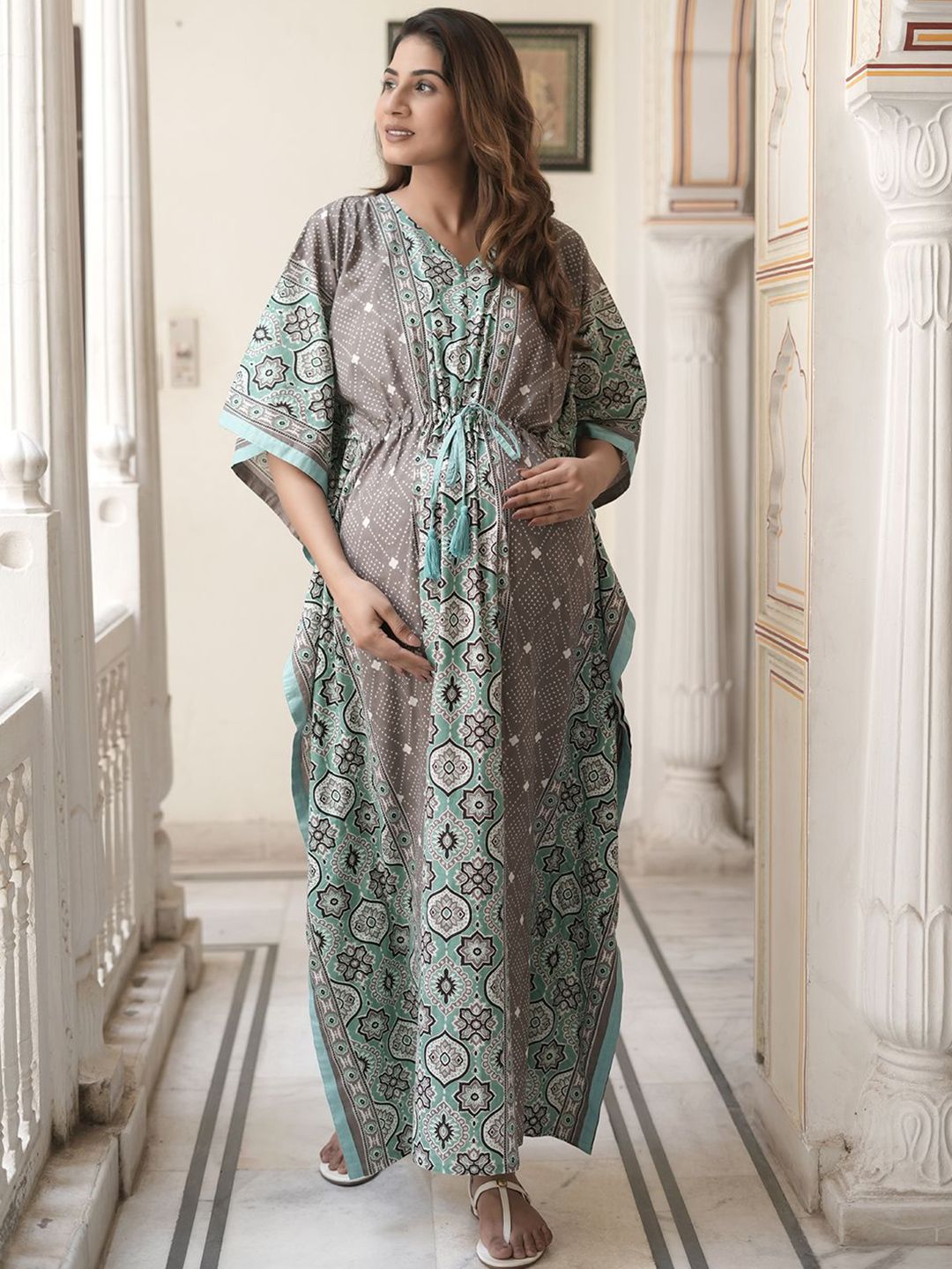 Aujjessa Women Ethnic Motifs Printed V-Neck Maternity Feeding Kaftan Maxi Dress-picture-10