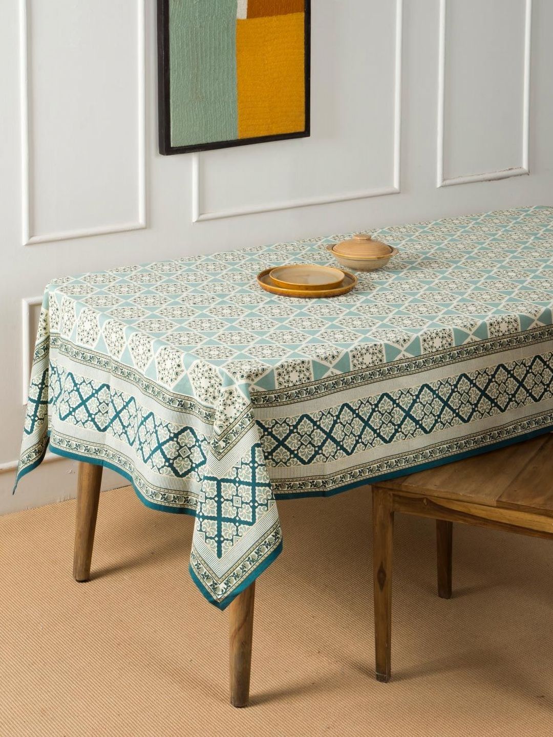 Fabindia Teal & Green Ethnic Motifs Cotton 4-Seater Table Cover-image-19