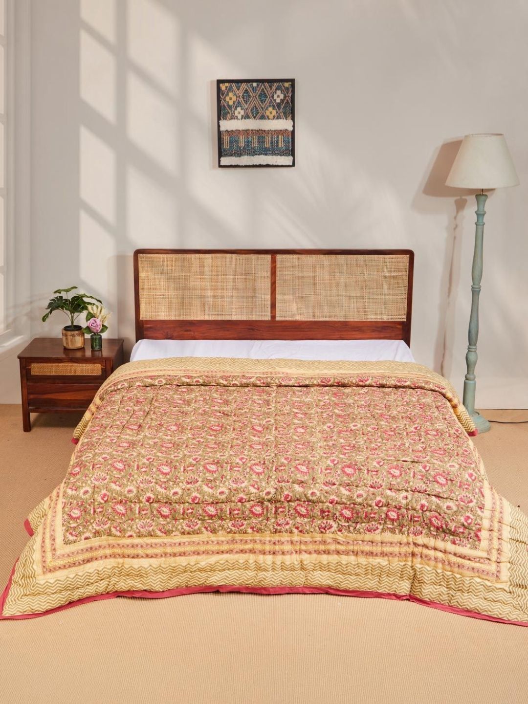 Fabindia Anar Olive Green & Pink Printed Cotton Mild Winter Double Bed Quilt-picture-10