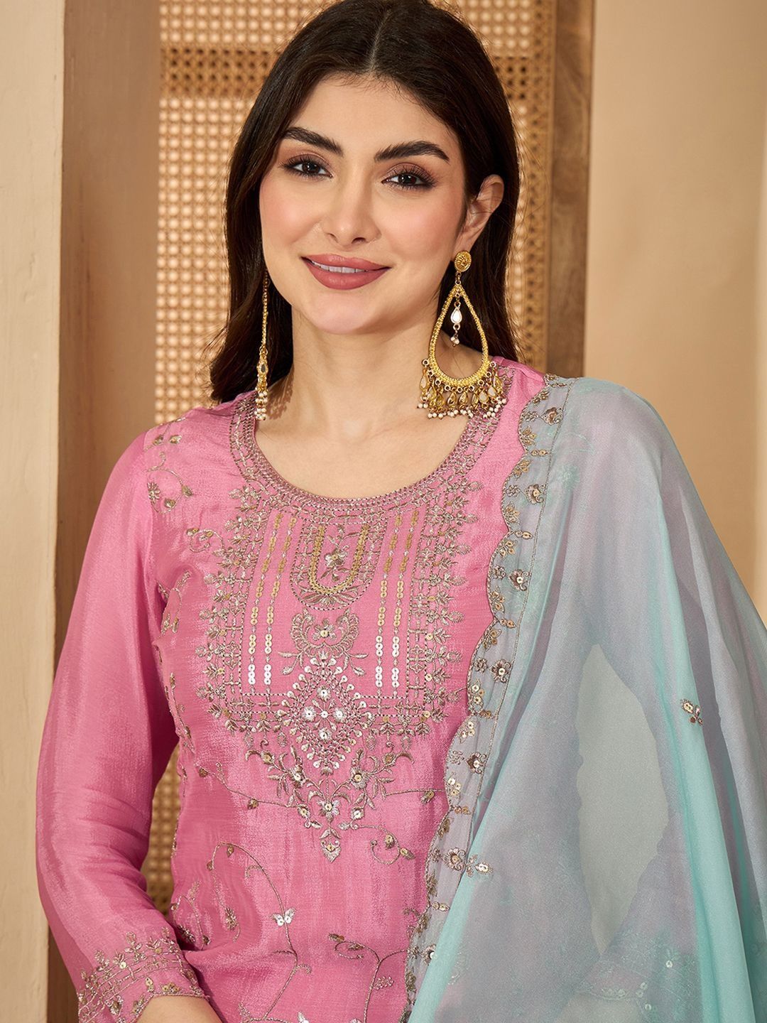 Sangria Women Ethnic Motifs Embroidered Regular Sequinned Kurta with Sharara & With Dupatta