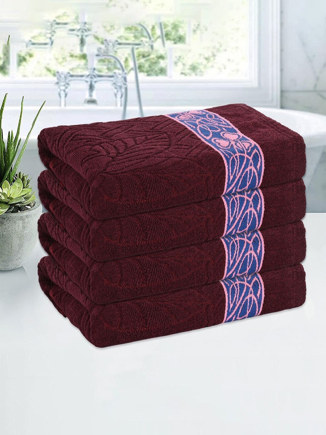 Aura Maroon & Pink 4 Pieces Printed Cotton 144 GSM Bath Towels-picture-10