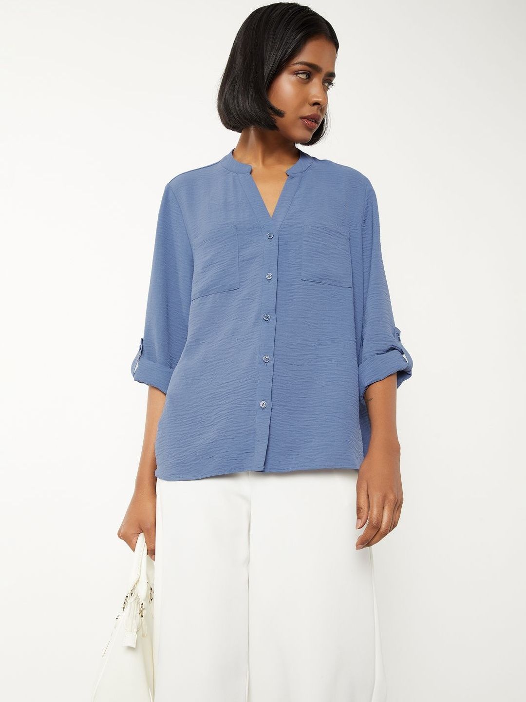 max Women Mandarin Collar Roll-Up Sleeves Shirt Style Top-picture-21