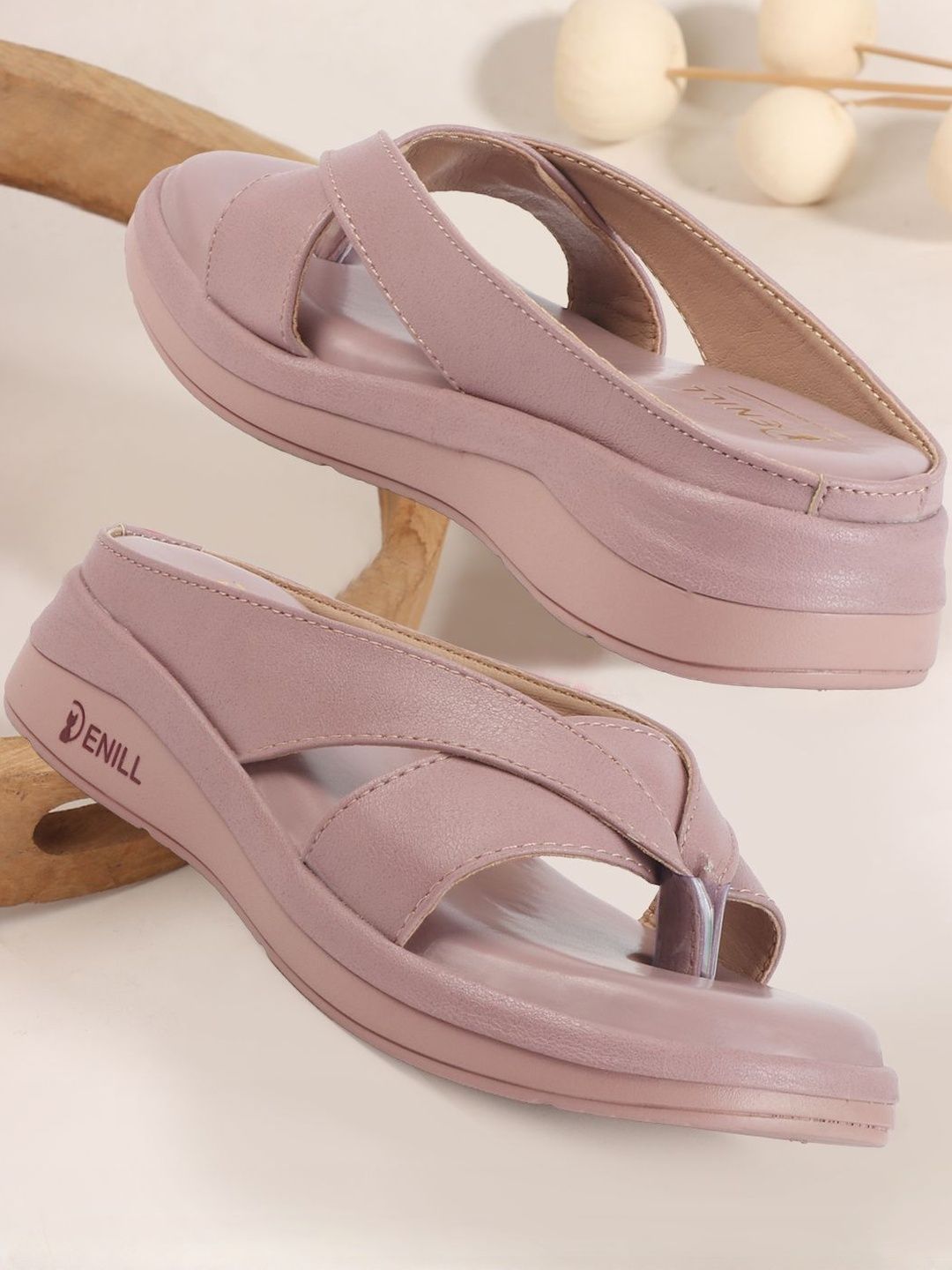 Denill Women Peach Thong Slip-On Sandals with Cushioned Wedge-image-3