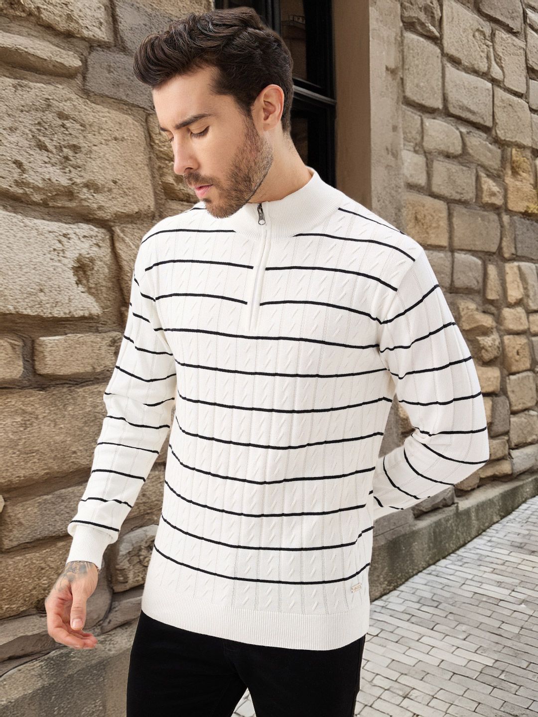 Status Quo Men Striped Mock Collar Pullover Sweater-picture-23