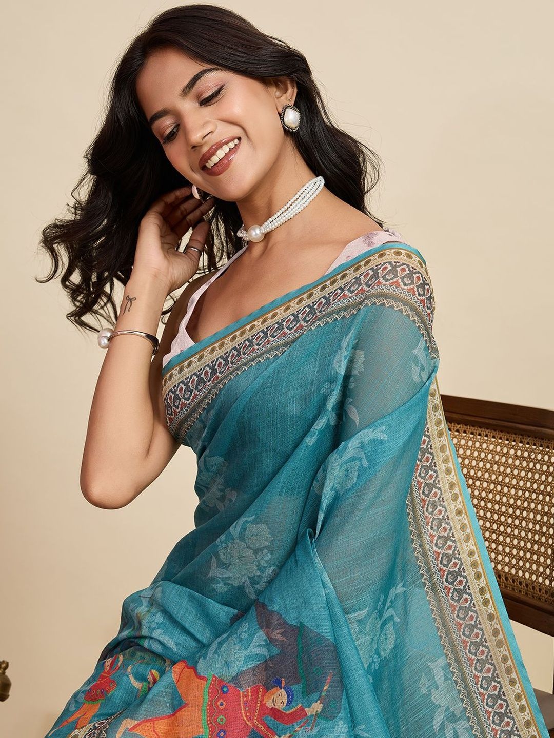 NIWAA Ethnic Motifs Zari Pure Linen Handloom Saree-picture-24