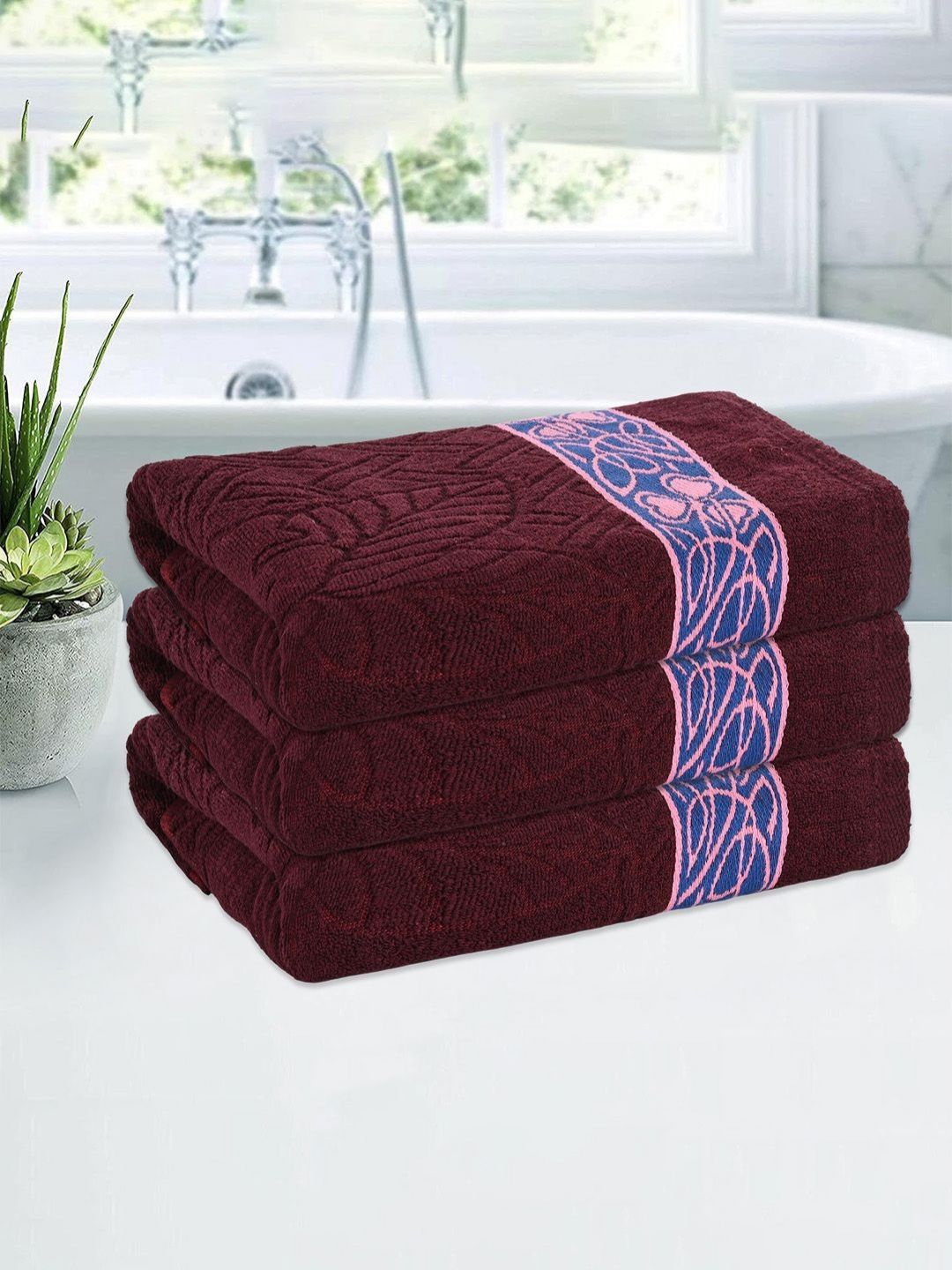Aura Maroon & Pink 3 Pieces Printed Cotton 144 GSM Bath Towels-picture-17