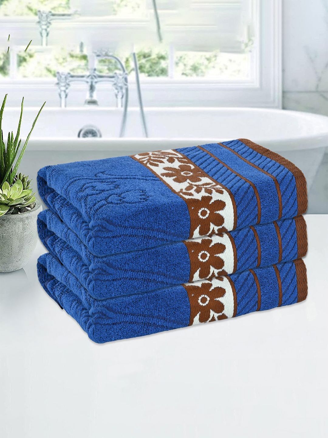 Aura Blue & Maroon 3 Pieces Printed Cotton 150 GSM Bath Towels-picture-36
