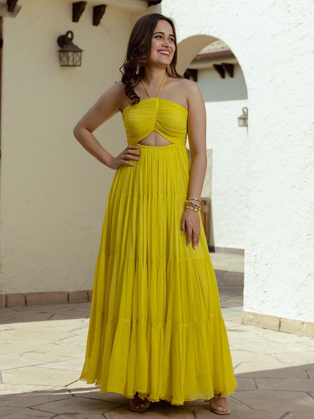 Ordinaree Halter Neck Tiered Georgette Fit & Flare Maxi Dress