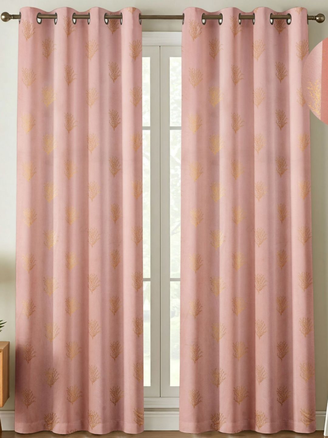 GEET CREATIONS Pink & Gold-Toned Floral Printed Room Darkening Velvet Long Door Curtain-picture-11