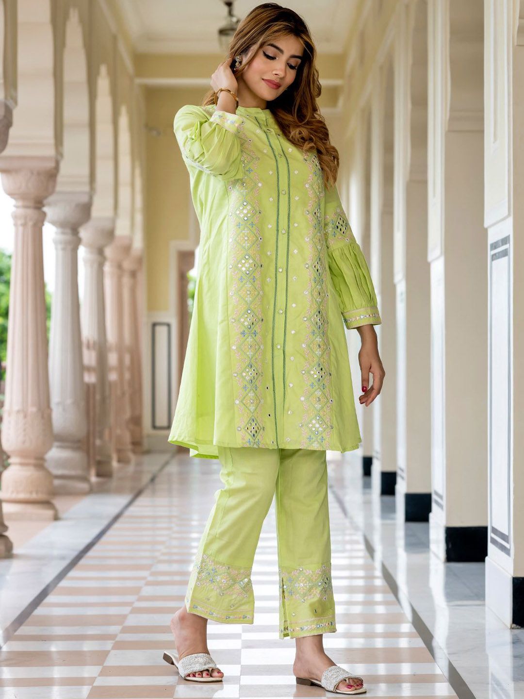 KALINI Women Woven Design Embroidered Cotton A-Line Kurta with Trousers-picture-41