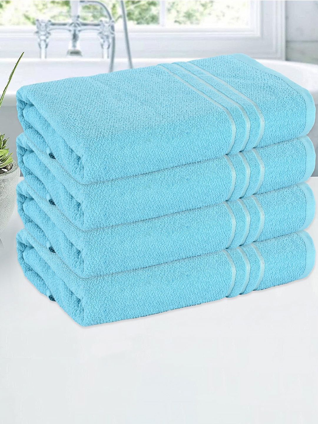 Aura Blue 4 Pieces Striped Cotton 150 GSM Bath Towels-picture-35