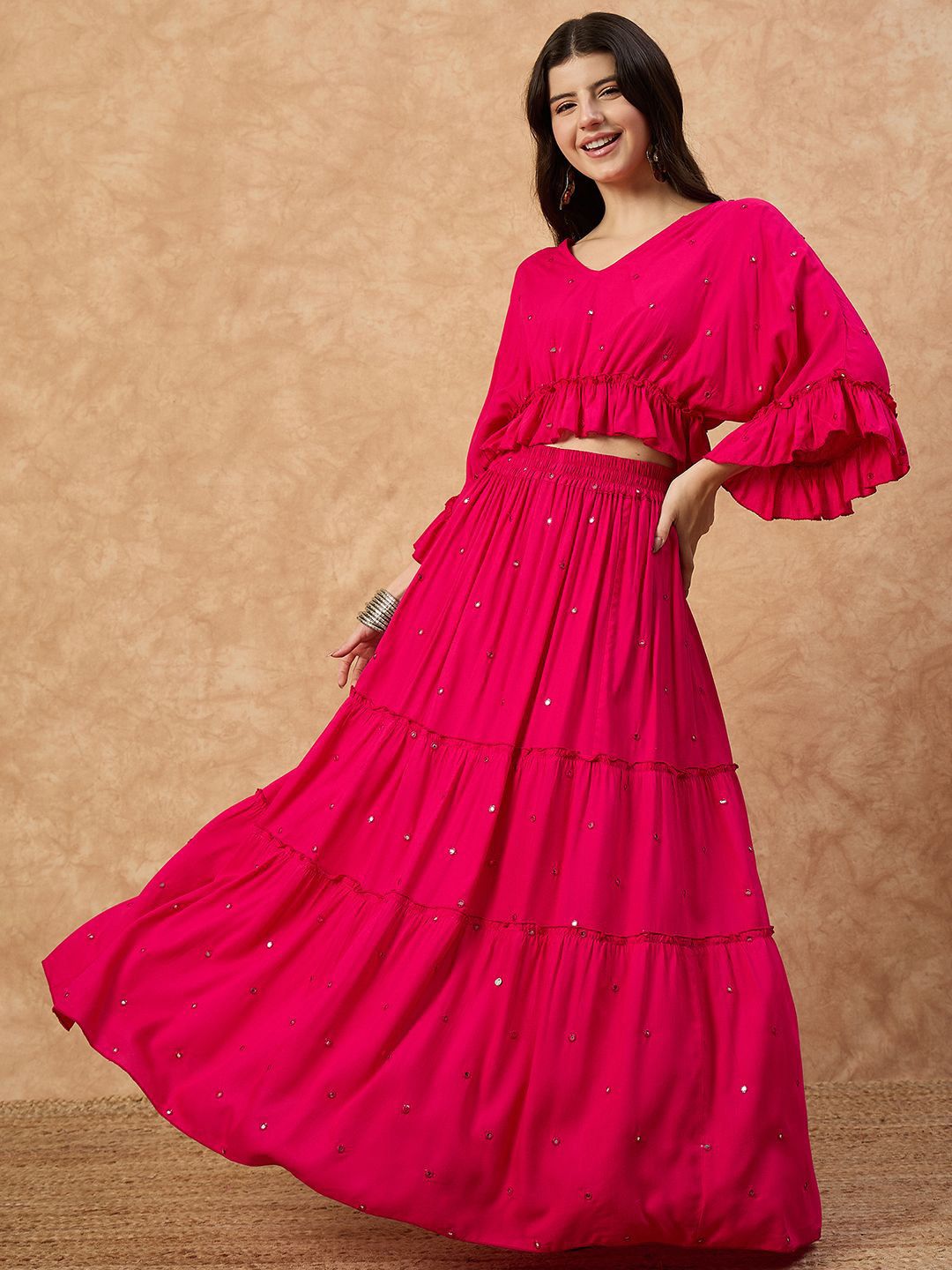 DRAPE AND DAZZLE Women V Neck Long Sleeve Top With Skirt Co-Ords-picture-29