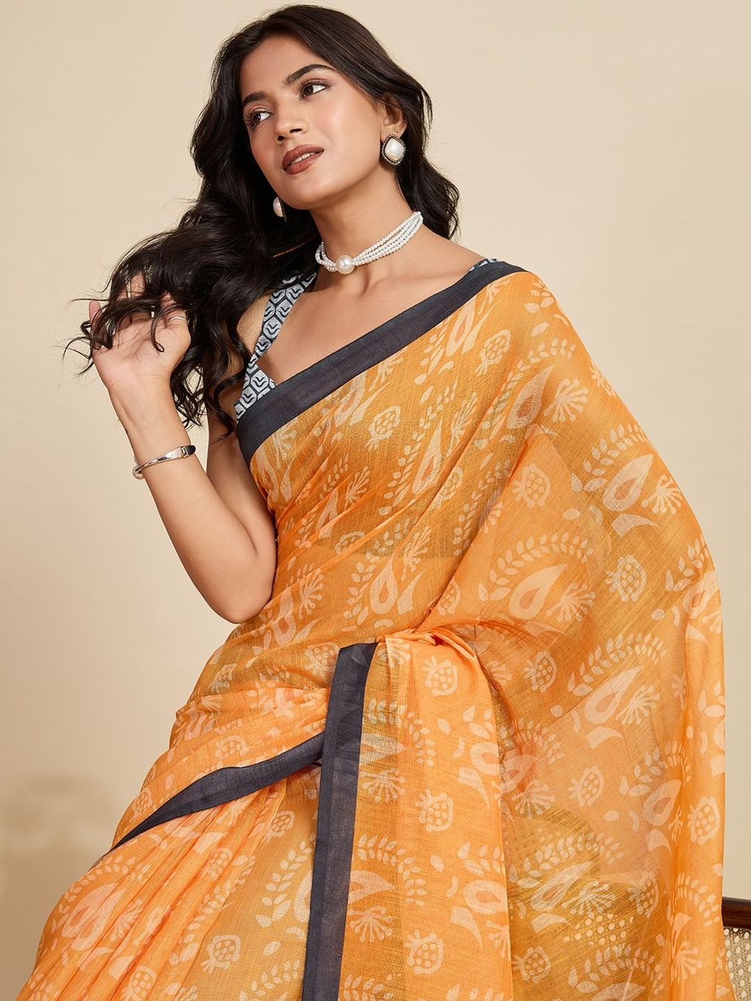 NIWAA Ethnic Motifs Zari Pure Linen Handloom Saree-picture-20